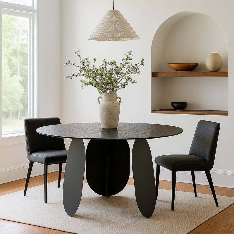 Cid Axen Dining Table, 53 Inch Gray Hammered Glass Top, Black Iron - Gray, Black