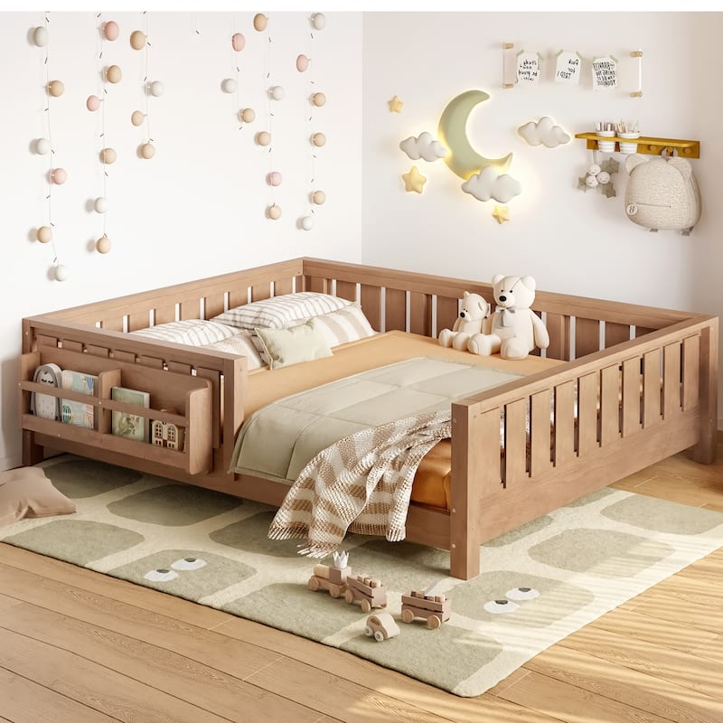 Low Profile Montessori Bed Floor Platform Bed with Fence and Bookshelf - Natural - Full