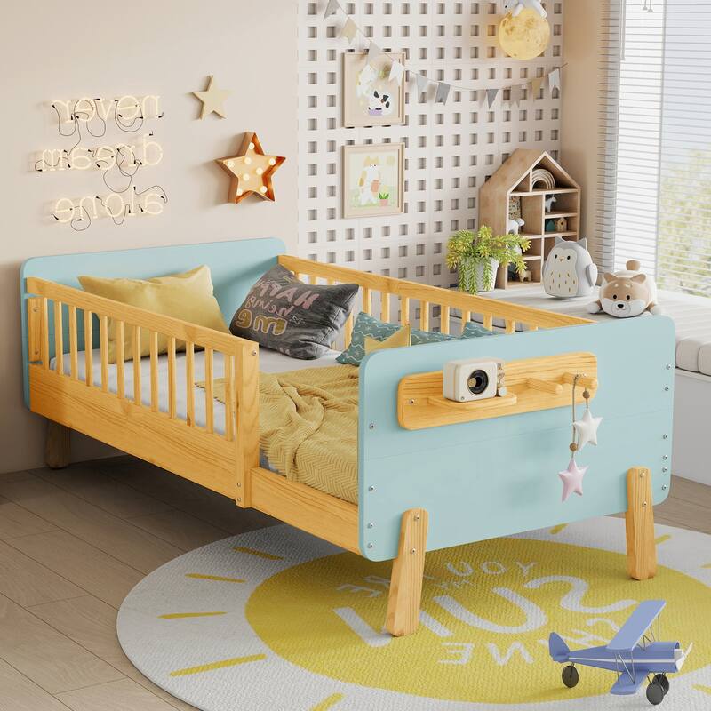 Kids Wood Platform Bed with Guardrails, Bottle Holder and 2 Hanging Rod, Convertible Toddler Daybed, Low Profile Design Frame