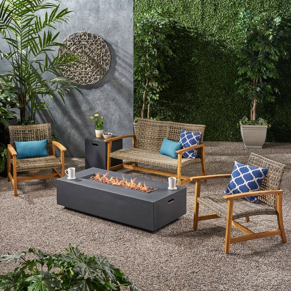 Augusta Outdoor Acacia Wood and Wicker 4 Seater Chat Set with Fire Pit by Christopher Knight Home