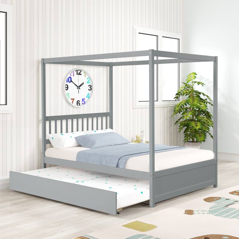 Solid Wood Full Size Canopy Platform Bed Frame with Twin Trundle Bed - Grey - Full