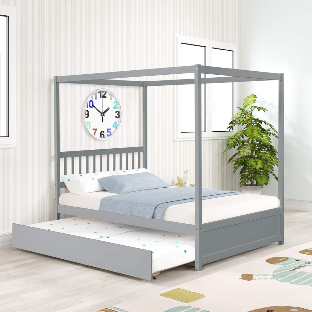 Solid Wood House Canopy Bed with Twin Trundle, Full Size Platform Bed Frame with Headboard, No Box Spring Needed, Grey