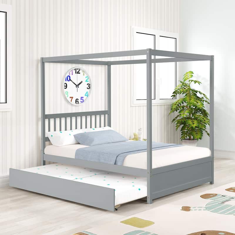 Solid Wood House Canopy Bed with Twin Trundle, Full Size Platform Bed Frame with Headboard, No Box Spring Needed, Grey - Grey