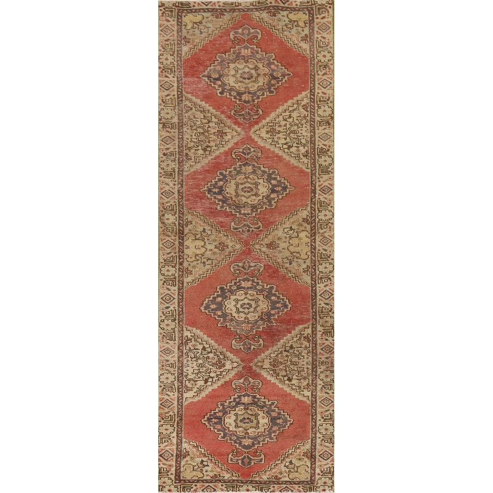 Geometric Tabriz Persian Vintage Runner Rug Handmade Wool Carpet - 2'4"x 8'6"