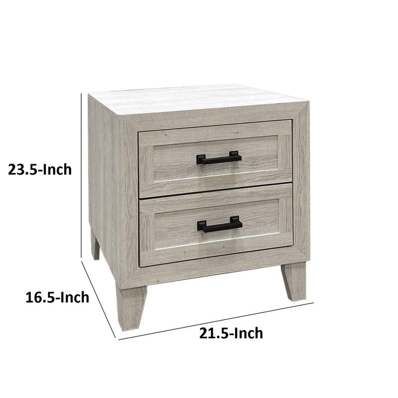 Miot Nightstand, 2 Drawers w Metal Handles, White Wash Wood, 24 Inch