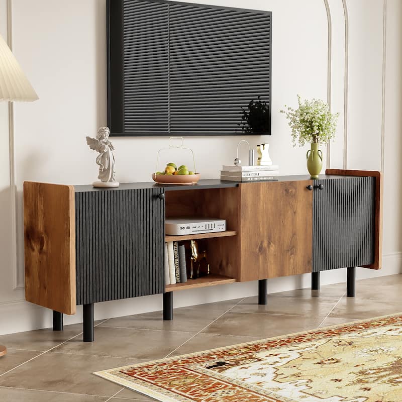 TV Stand with 3 Cabinets, Media Console Table with Open Storage Compartments, Entertainment Center with Metal Legs