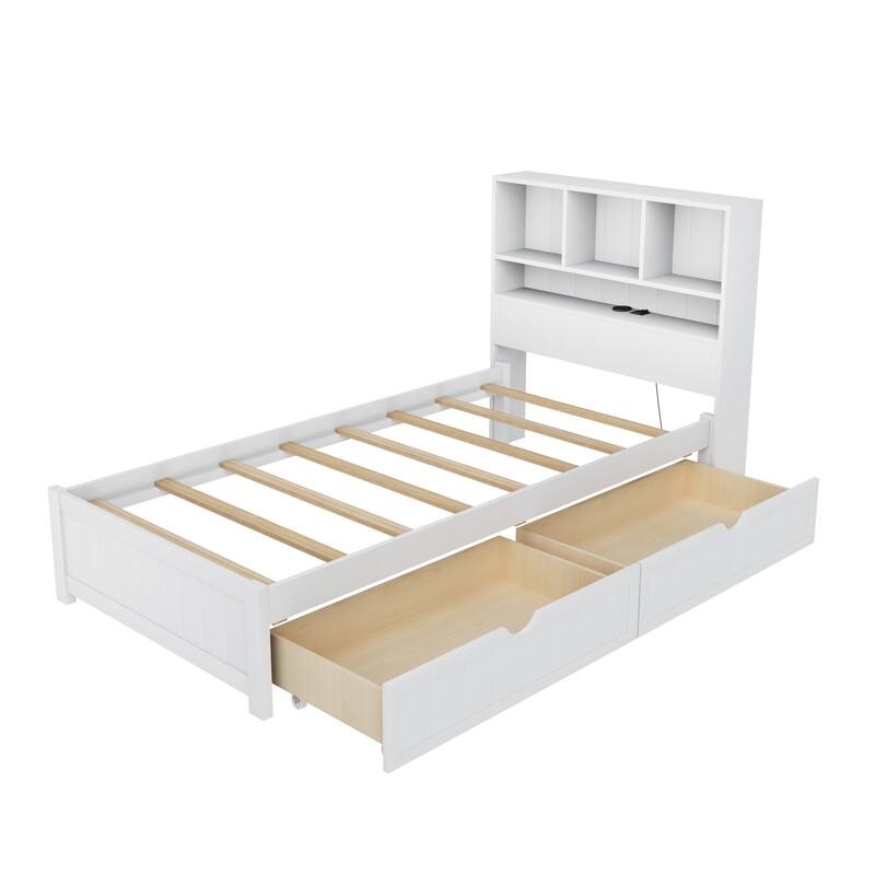 Wood Platform Bed Frame with Built-In Night Light/Charging Station/Open Bookcase Headboard/and 2 Side Drawers/Wood Slats Support