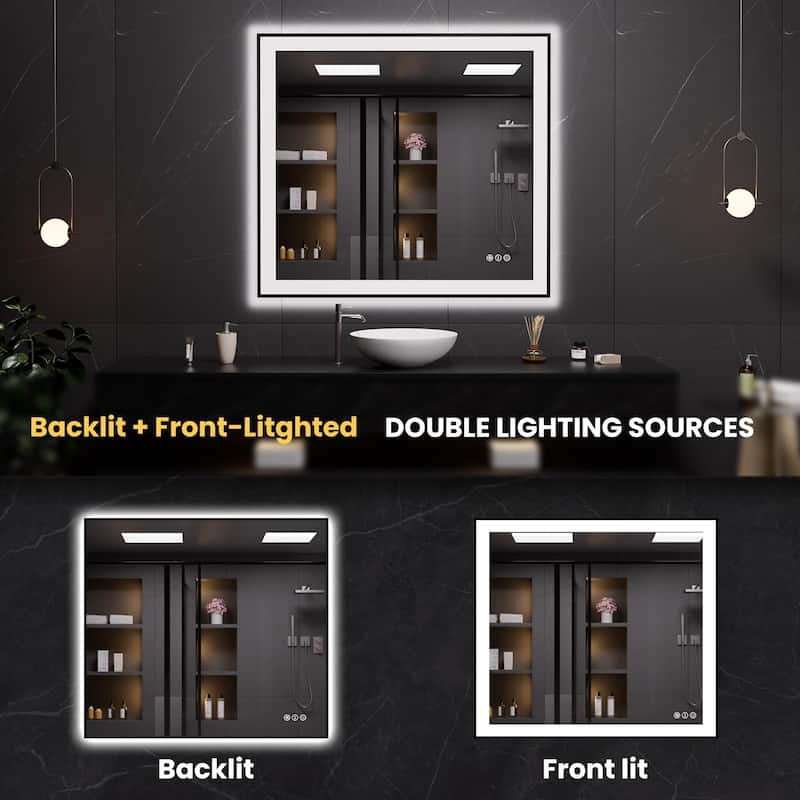 36x36 LED Bathroom Mirror Smart Dimmable Anti Fog White Tempered Glass