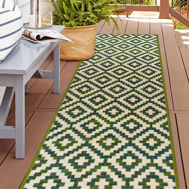 Contemporary Geometric Trellis Indoor/Outdoor Area Rug - 2'x7' Runner - Green
