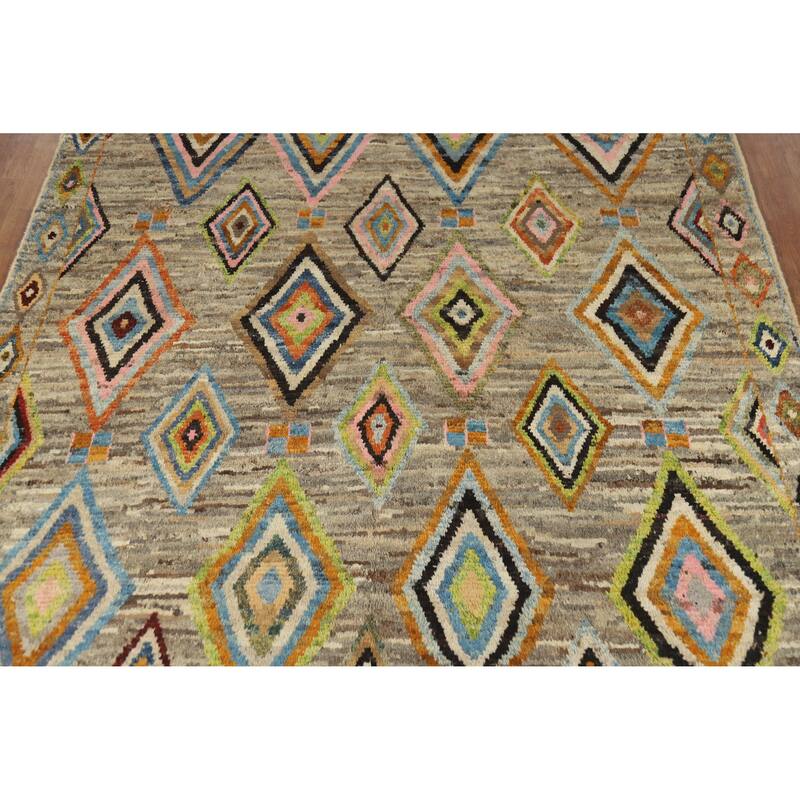 Multi-Color Geometric Moroccan Oriental Rug Hand-Knotted Wool Carpet - 7'0" x 9'7"