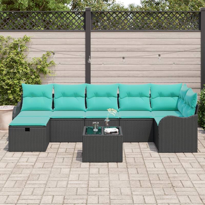 vidaXL 7/8 Garden Sofa Set with Cushions Black/Brown/Grey Poly Rattan - 113.2 x 48.2 x 27.2