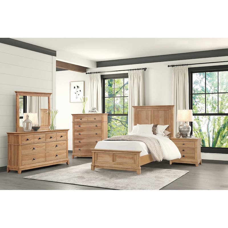 Farmhouse Natural Oak Finish Bedroom Set Bed Nightstand Dresser Mirror Chest - Full - 6 Piece