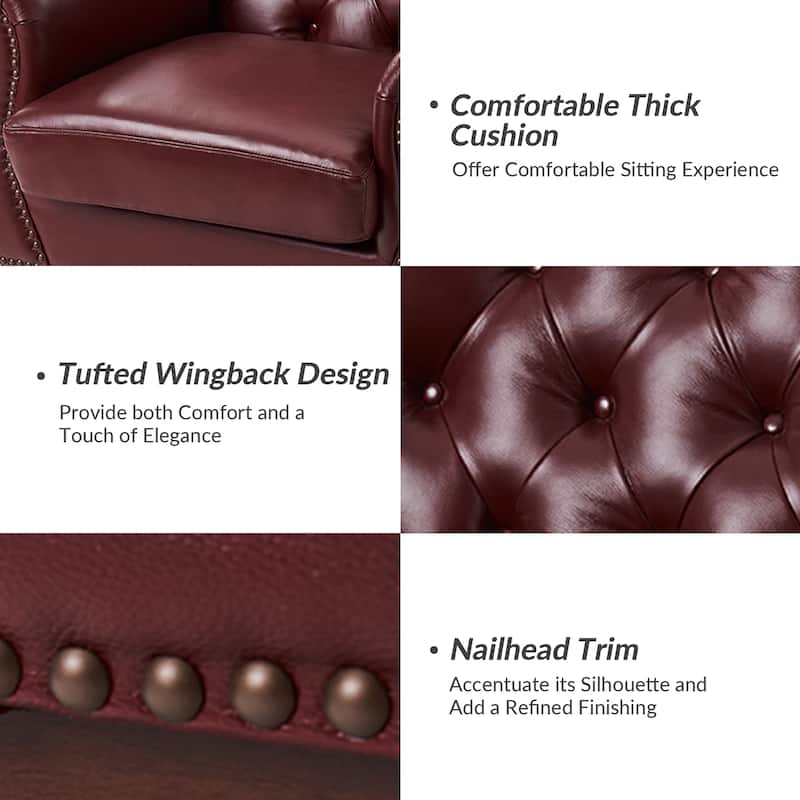 Burt Traditional Genuine Leather Accent Chair with Tufted Wing Back by HULALA HOME