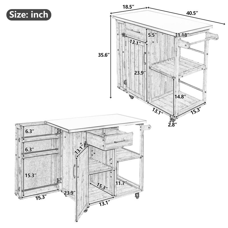 Outdoor Fir Wood Kitchen Island Prep Station with Stainless Top, Ample Storage Space, Towel and Spice Racks