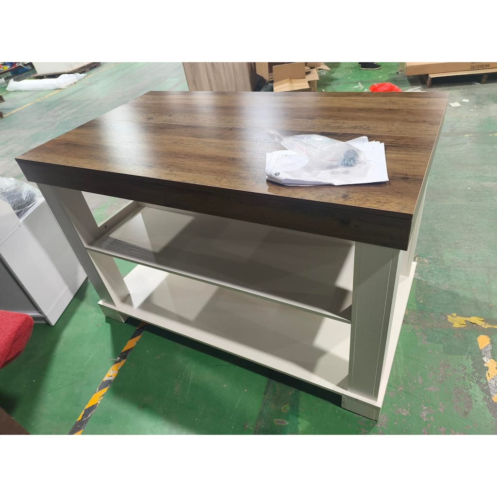 55-Inch Stationary Kitchen Island with Storage Shelves and Large Worktop, Farmhouse Style, Light Brown