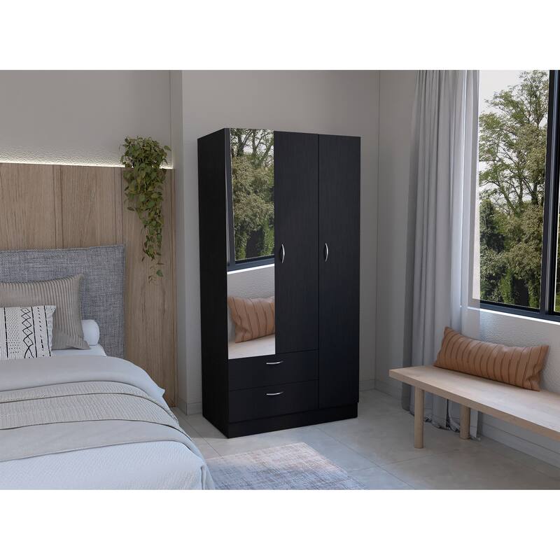 19.7" Modern Mirrored Armoire with Two Drawers, Four Shelves and Hanging Rod - Black