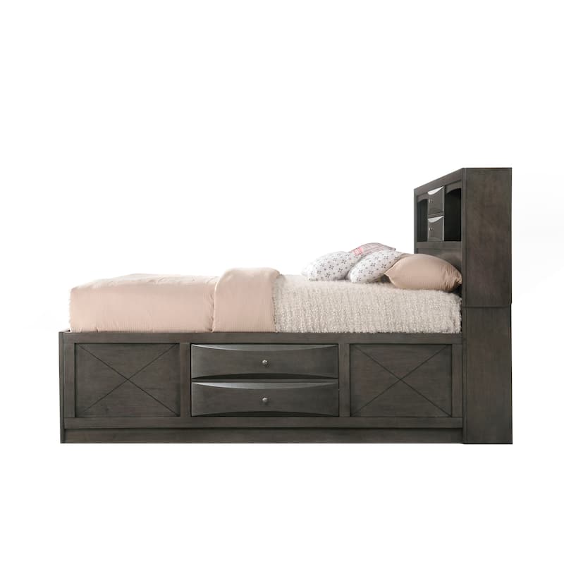 Panel Design Full Size Bed with Bookcase and Drawers, Taupe Brown