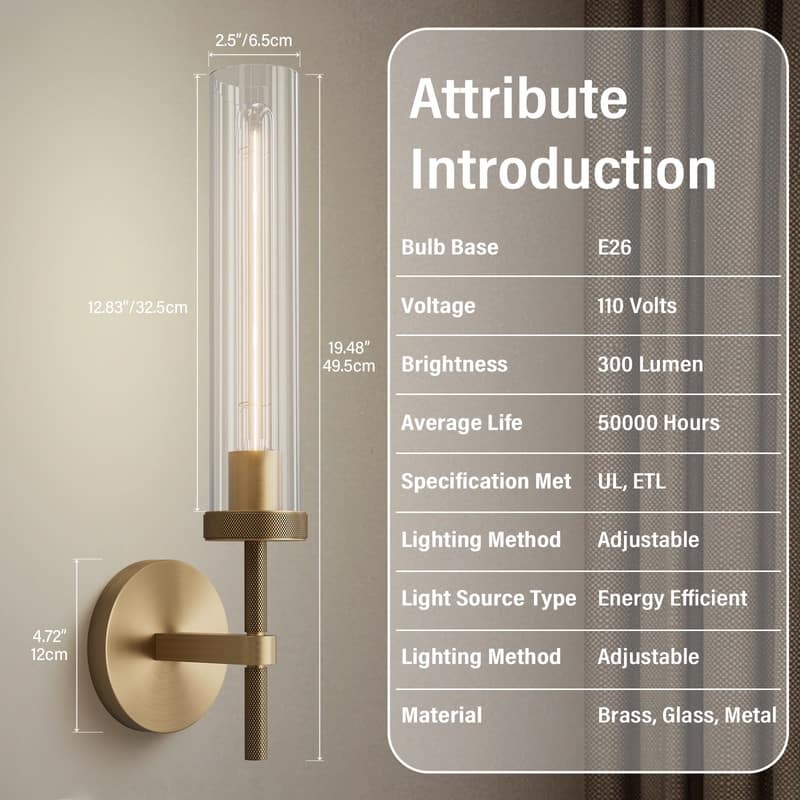 KAYLA Indoor Wall Light, Brass Wall Sconces Lighting Fixture, Bathroom Vanity Wall Sconces, Glass Tube Wall Sconces(2-Sets)