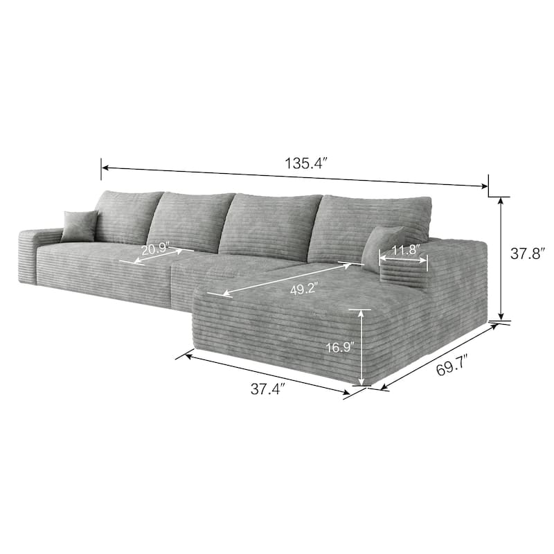 Floor Standing Corduroy Upholstered Modular Deep Seat Sofa L-shaped Sectional Couch with Chaise for Living Room, Apartment