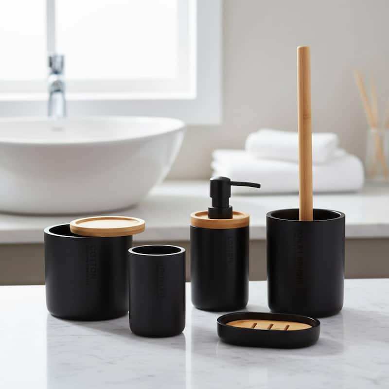 Bathroom Essentials Set Natural Bamboo Bath Set Accessories 5 pieces - Black