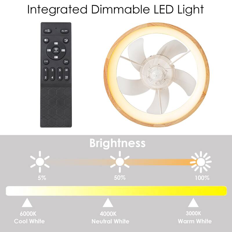 19.7" Modern Flush Mount Ceiling Fan with LED Light and Remote Control, Wooden Finish for Bedroom/Living Room - 5