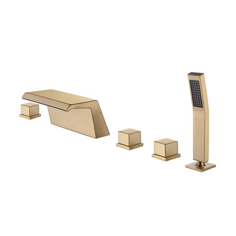 Waterfall Tub Filler Bathtub Faucet brushed gold 5-Hole 3-Handle Solid Brass Bathroom Bath Tub Faucets - 9'6" x 13'6"