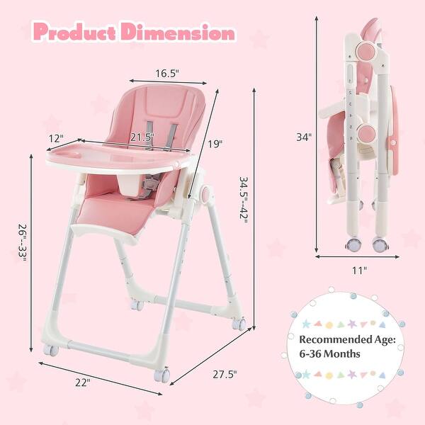 dimension image slide 3 of 4, Babyjoy Foldable Highchair Baby Feeding Chair with 360° Rotating - See Details