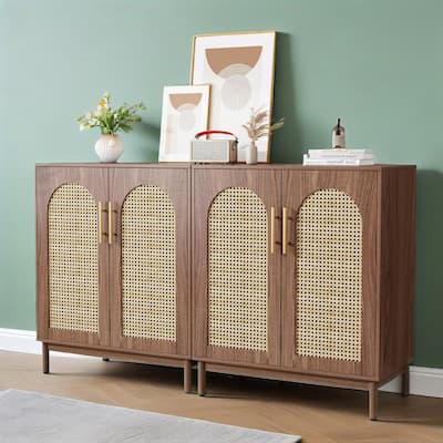 Handcrafted Rattan Storage Cabinet with Solid Wood Legs Multi-Purpose Sideboard Buffet for Kitchen Dining Living Room