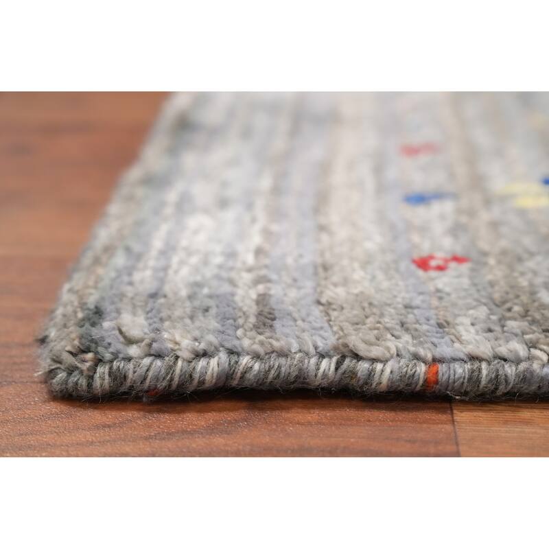 Hand Knotted Oriental Viscose Silk Carpet Tribal Animal Pictorial Greys & Charcoal Gabbeh Runner Rug - 8' 9'' X 2' 7''