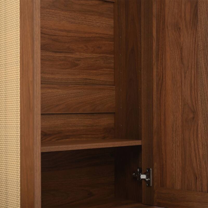Farmhouse Hall Tree with 4 Rattan Doors, Versatile 4-In-1 Seating Bench with 6 Hooks, Entryway Shoe Cabinet w/ Adjustable Shelf