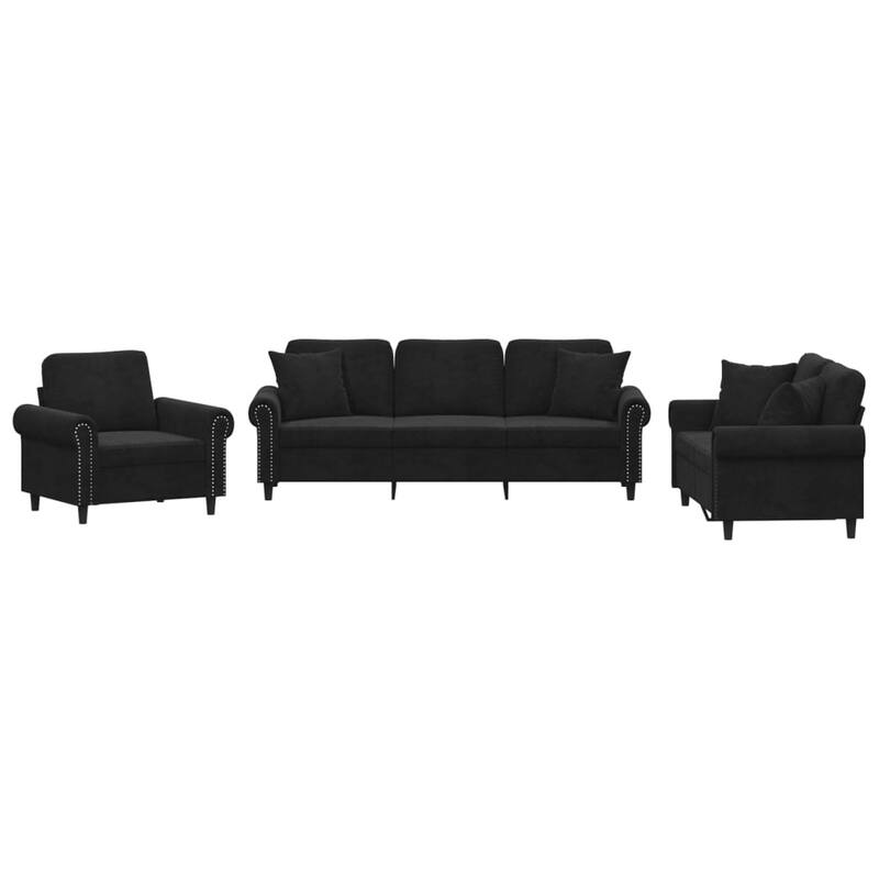 vidaXL Sofa Set Black Velvet 3-seater, 2-seater, armchair Seats Many - 30.3 x 83.5 x 31.5 in.