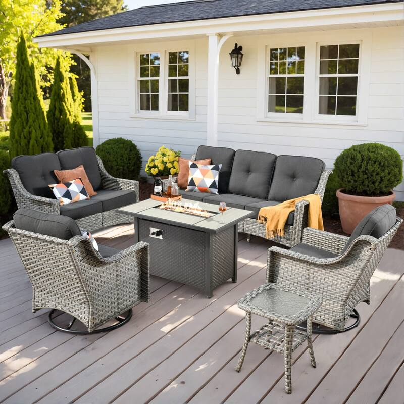 OVIOS 6 Pieces Outdoor Wicker Curved Swivel Chair Set With Fire Table - Black