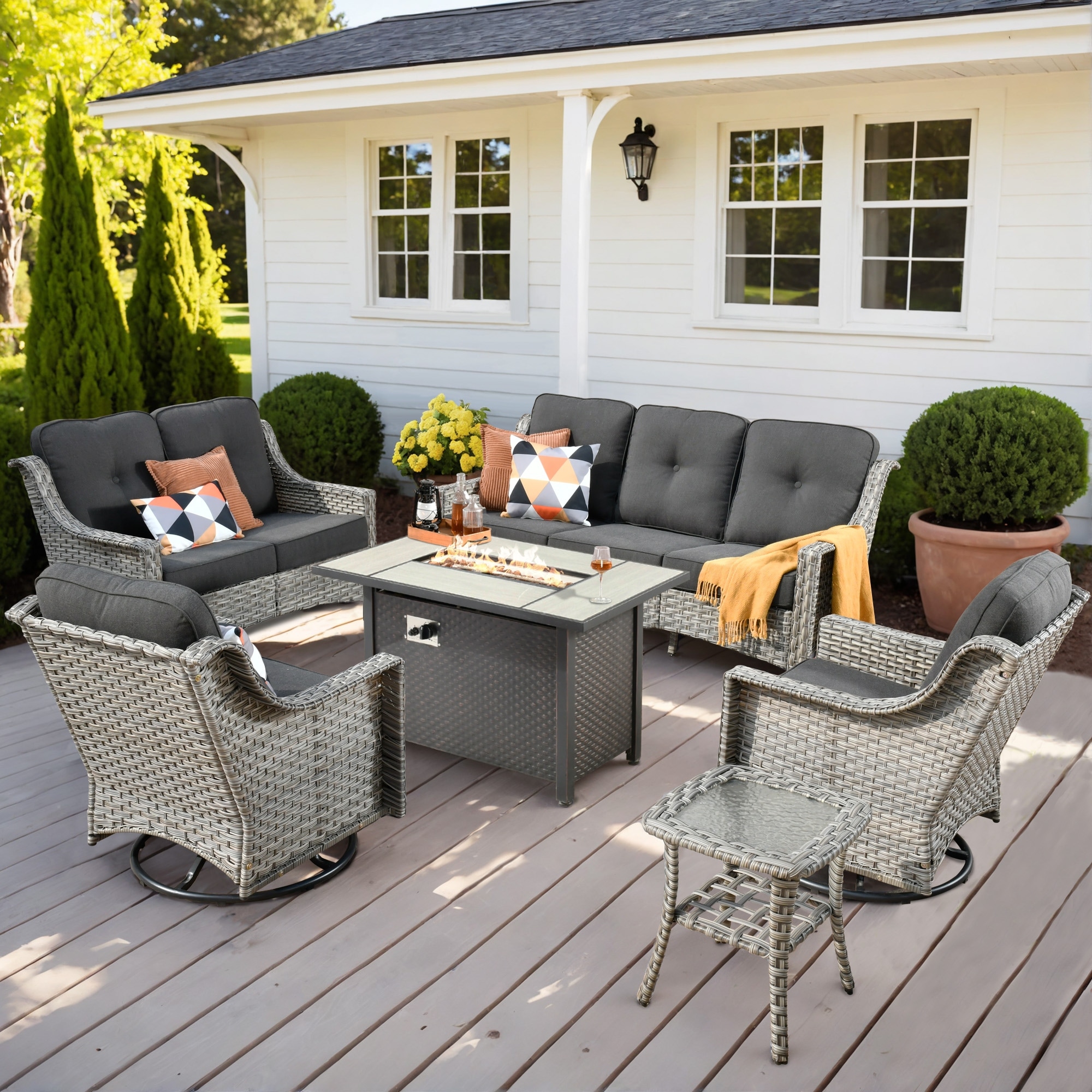 OVIOS 6 Pieces Outdoor Wicker Curved Swivel Chair Set With Fire Table