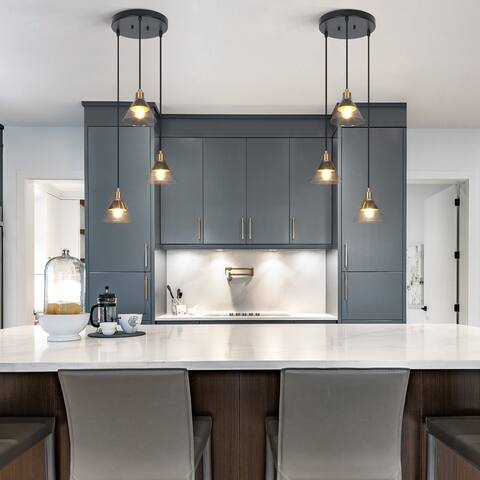 Petia Modern Farmhouse 3-light Black Chandelier Cluster Pendant Lights with Cone Glass Shade - D 14.5'' x H 66''