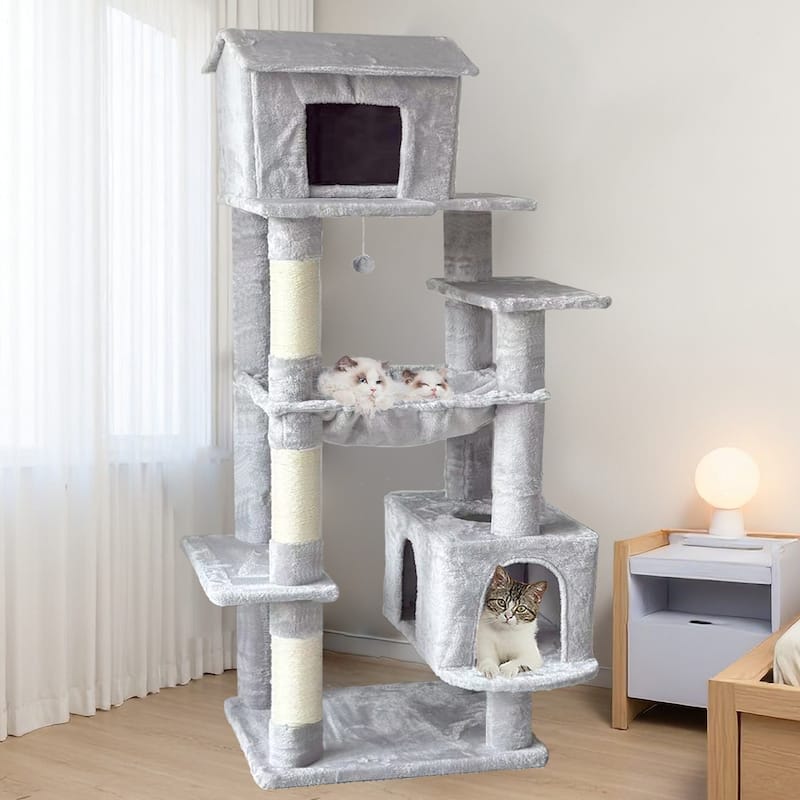 64 in Cat Tree with Unique Cat House, Hammock, Scratching Posts, Plush Cat Tower for Indoor Cats for Multiple Cats - Light Gray