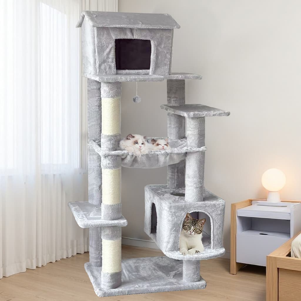 64 in Cat Tree with Unique Cat House, Hammock, Scratching Posts, Plush Cat Tower for Indoor Cats for Multiple Cats