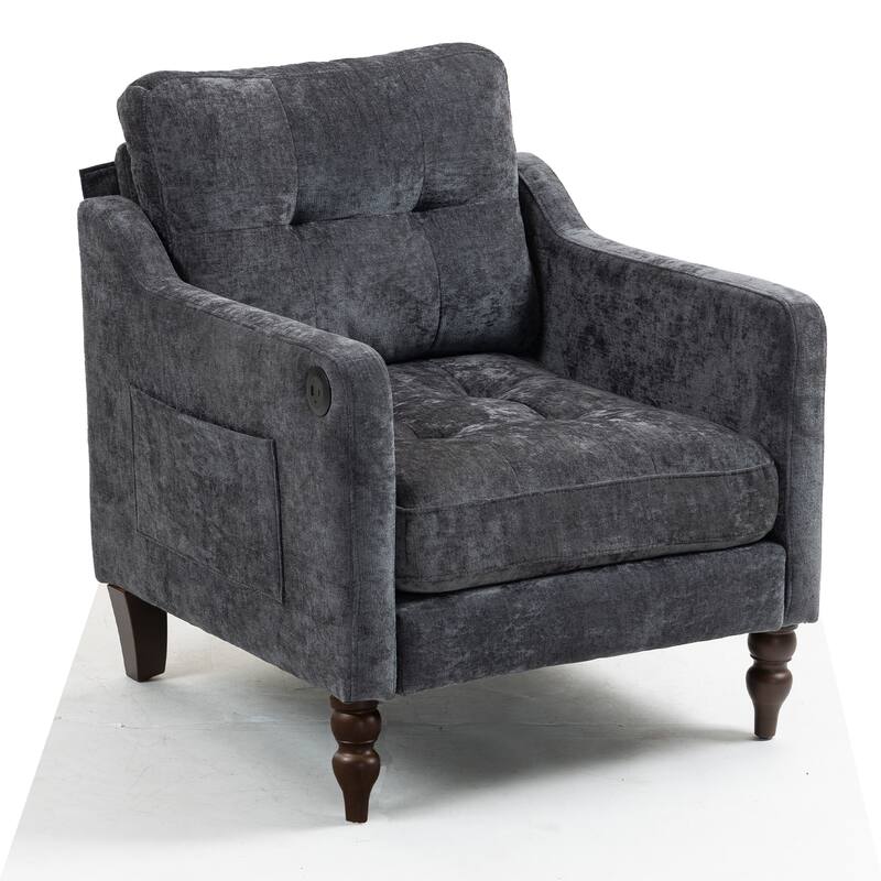Chenille Accent Armchair, Upholstered Lounge Chair with USB Port, Single Sofa Chair with Wooden Legs & Side Storage