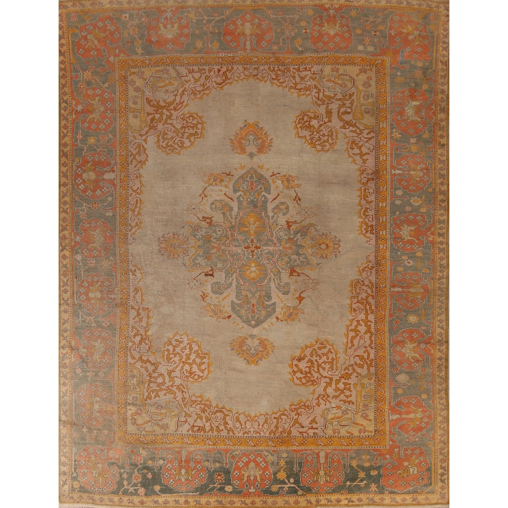 Brown Vegetable Dye Oushak Turkish Antique Rug Handmade Wool Carpet - 9'7" x 11'8"