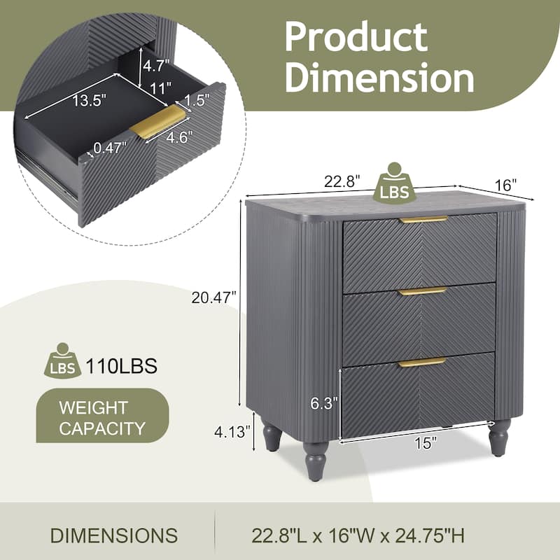 Dark Gray Bedside Table End Table Side Table with 3 Drawers, Storage Cabinet Corner Table Lamp Table