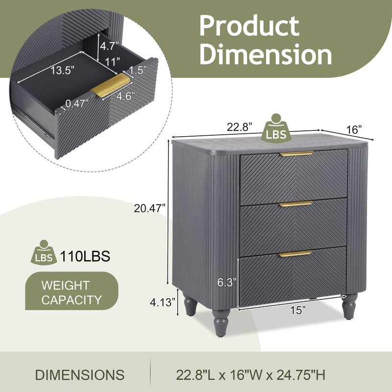 Mid-Century Fluted 3 Drawers Nightstand, Bedside Table with Curved Profile Design and Wide Gold Glossy Handles