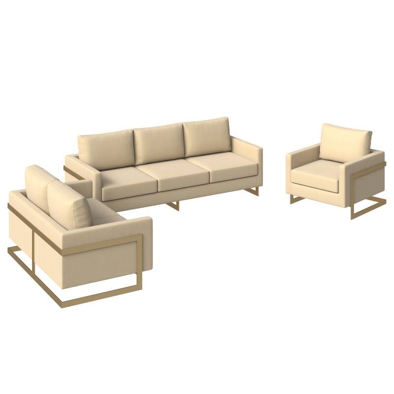 Lincoln Modern Leather 3-piece Sofa Set Accent Armchair in Gold Steel Base with Removable Cushion for Living Room or Office