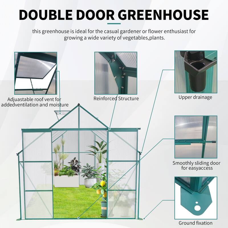 8x10FT Double Door Polycarbonate Greenhouse Raised Base and Anchor Aluminum Heavy Duty Walk-in Greenhouses for Outdoor Backyard