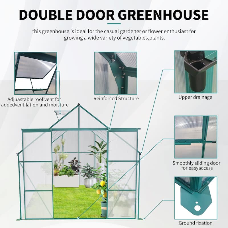 8x10FT Double Door Polycarbonate Greenhouse Raised Base and Anchor Aluminum Heavy Duty Walk-in Greenhouses for Outdoor - 10 x 10