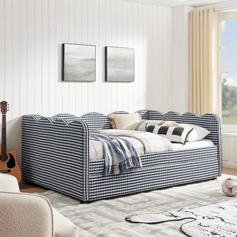 Full Size Gingham Daybed with Twin Trundle, USB Port, Wave Shaped Design & Linen Fabric - No Box Spring Needed