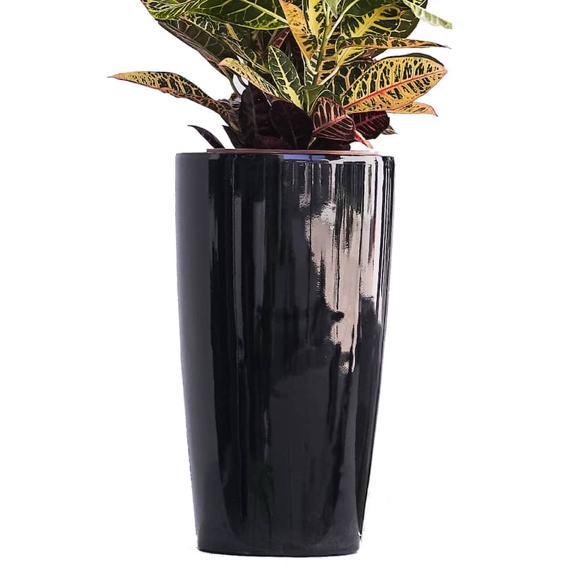 XBrand 29.5" H Plastic Self Watering Indoor Outdoor Tall Round Planter Pot, Decorative Gardening Pot, Home Décor Accent - 12.5" x 12.5" x 21" - Black