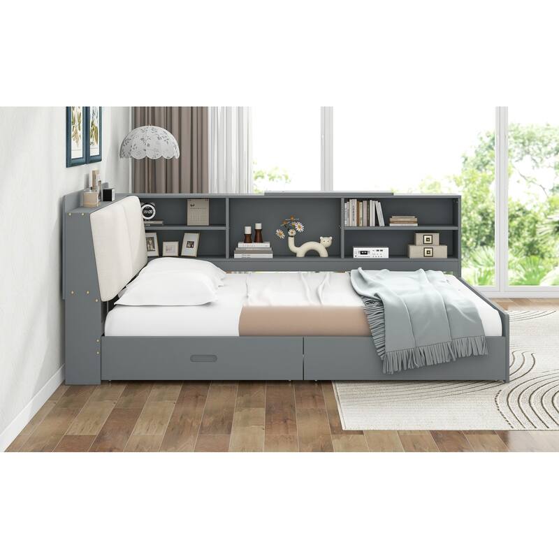 Full Size Wood Platform Bed with Storage Headboard, Shelves, and 2 Drawers in Gray - No Box Spring Required