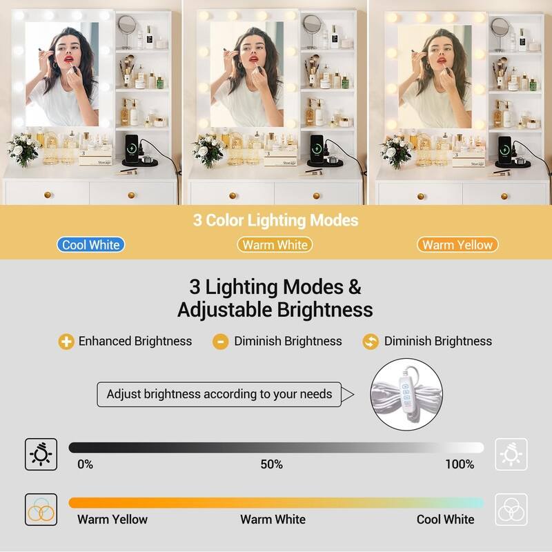 Modern White Makeup Vanity Table with LED Mirror, Stool, Storage Drawers