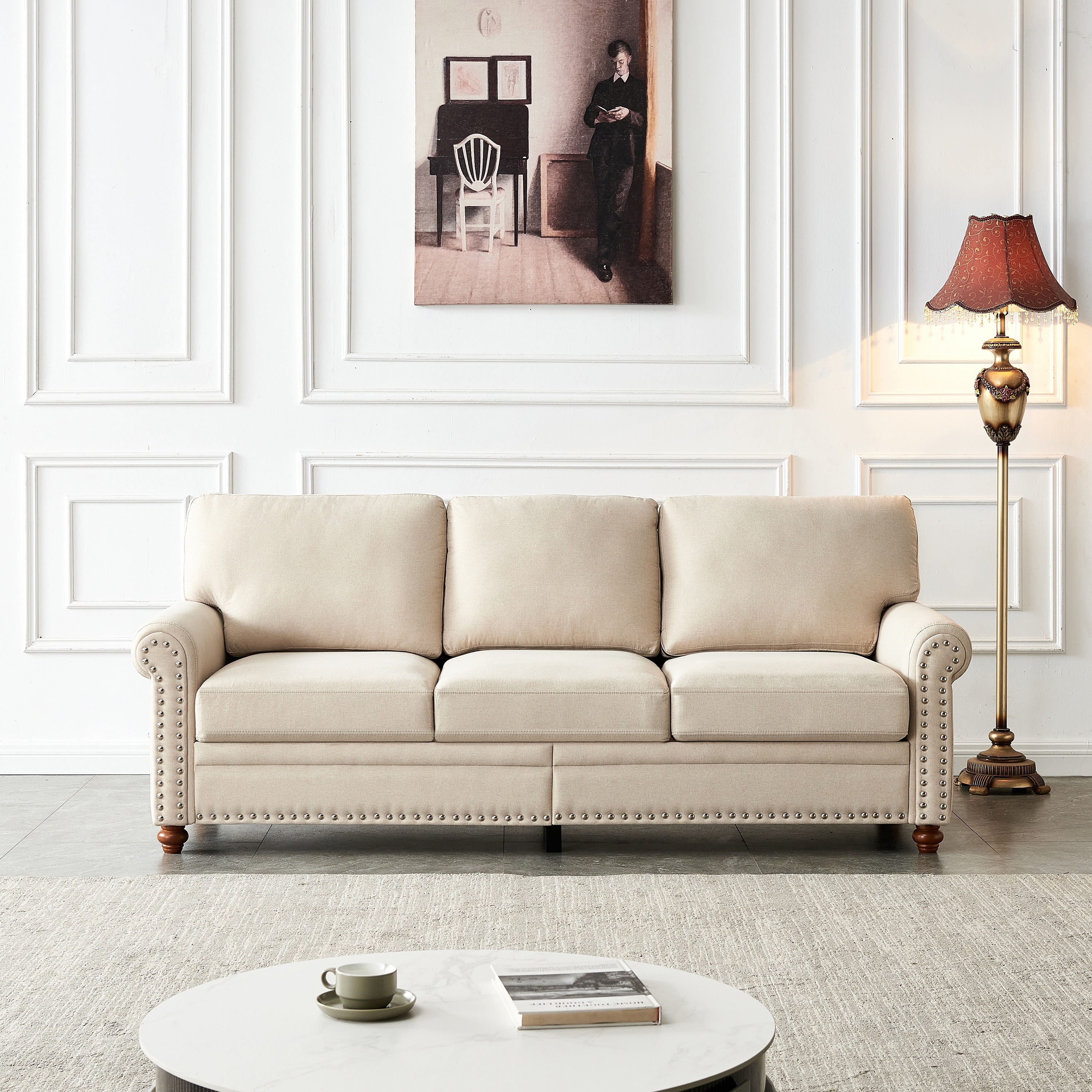 Mid Century Modern Sofa with Rubber Wood Legs Linen Fabric Sofa