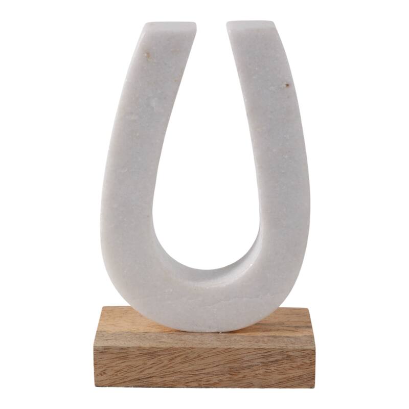 Marble Horseshoe Figurine with Wooden Base - 8", White & Brown - 8.25"