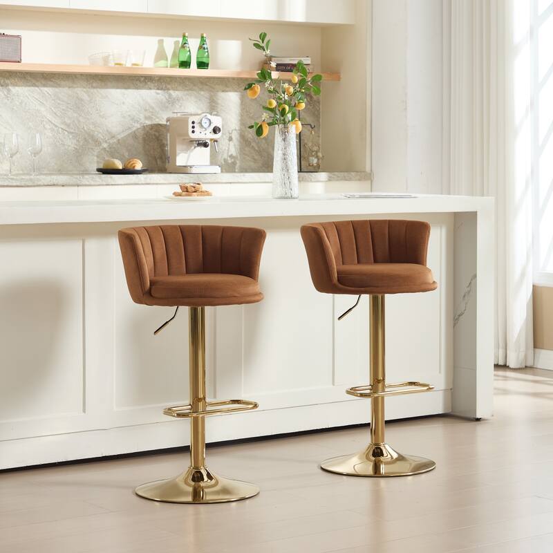 Set of 2 Adjustable Swivel Bar Stools, Orange Velvet with Chrome Footrest & Gold Legs